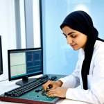 **

"A fully clothed, professional female engineer of Middle Eastern descent in a modern technology lab, working on an FPGA development board. She is wearing modest professional attire. The lab is clean and well-lit, filled with electronic equipment. Perfect anatomy, correct proportions, natural pose, well-formed hands, proper finger count, appropriate content, safe for work, professional."

**
