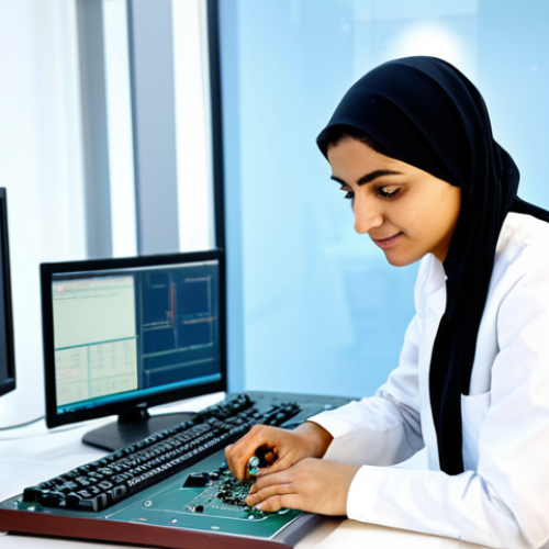 **

"A fully clothed, professional female engineer of Middle Eastern descent in a modern technology lab, working on an FPGA development board. She is wearing modest professional attire. The lab is clean and well-lit, filled with electronic equipment. Perfect anatomy, correct proportions, natural pose, well-formed hands, proper finger count, appropriate content, safe for work, professional."

**