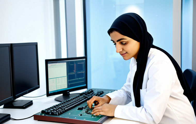 **

"A fully clothed, professional female engineer of Middle Eastern descent in a modern technology lab, working on an FPGA development board. She is wearing modest professional attire. The lab is clean and well-lit, filled with electronic equipment. Perfect anatomy, correct proportions, natural pose, well-formed hands, proper finger count, appropriate content, safe for work, professional."

**