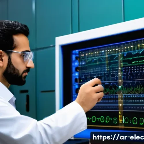 전자공학 엔지니어의 하루 일과 - A detailed, realistic scene of an Arab electronics engineer working in a modern lab filled with adva...