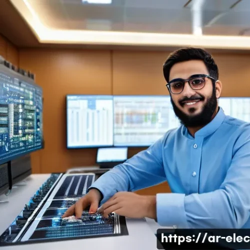 전자공학 이직 준비 전략 - A professional Arab electronic engineer in a modern high-tech lab, wearing smart casual attire and g...