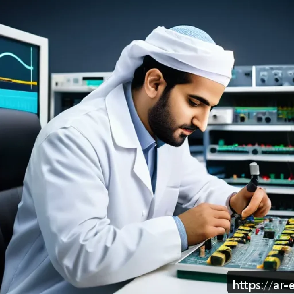 전력 회로 분석과 설계 - A highly detailed, realistic laboratory scene showing an Arab electrical engineer wearing traditiona...