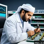 전력 회로 분석과 설계 - A highly detailed, realistic laboratory scene showing an Arab electrical engineer wearing traditiona...