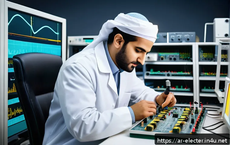 전력 회로 분석과 설계 - A highly detailed, realistic laboratory scene showing an Arab electrical engineer wearing traditiona...